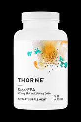 Thorne Super EPA dietary supplement bottle containing 90 gel capsules with 425 mg EPA and 270 mg DHA for heart and brain health.